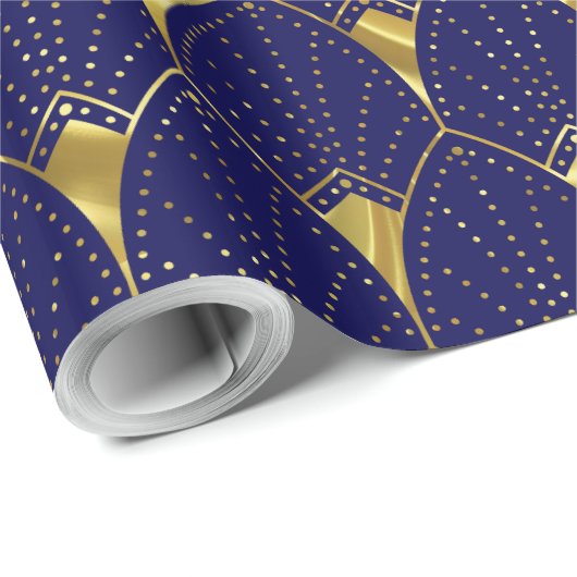 Glanzend gouden art deco patroon op donkerblauw cadeaupapier (Rol Hoek)