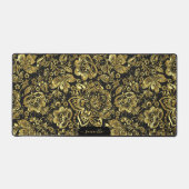 Glanzend gouden bloemdamast op zwart maatwerk mono bureaumat (Voorkant)