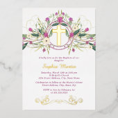 Glanzend gouden bloemenkruis doop folie uitnodiging (Voorkant)