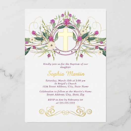 Glanzend gouden bloemenkruis doop folie uitnodiging (Voorkant)