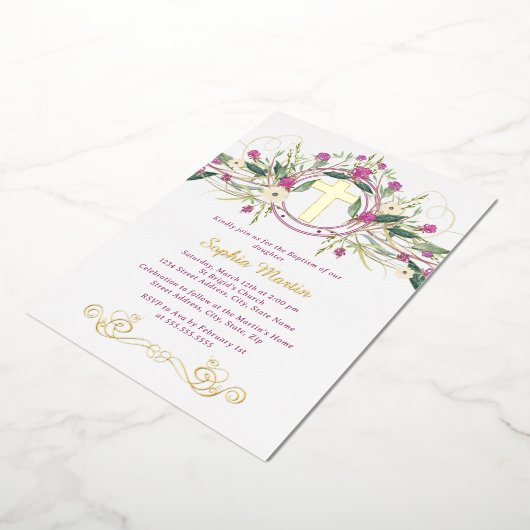 Glanzend gouden bloemenkruis doop folie uitnodiging (Gedraaid)