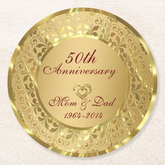 Glanzend gouden damast 50e bruiloft Jubileum Ronde Kartonnen Onderzetter (Voorkant)
