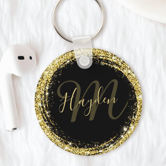 Glanzend gouden glitter monogram naam zwart sleutelhanger