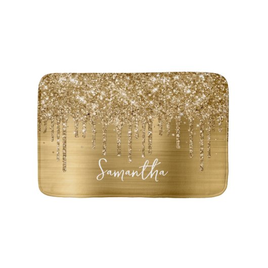 Glanzend Gouden Glitterdruppels Glam Naam Badmat (Voorkant)