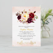 Glanzend Gouden Kruis Bloemen Bourgogne Doop Folie Uitnodiging (Staand Voorkant)