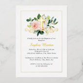 Glanzend Gouden Kruis  Roze Bloemen Doop Folie Uitnodiging (Voorkant)