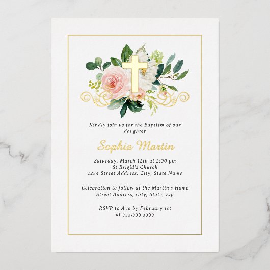 Glanzend Gouden Kruis  Roze Bloemen Doop Folie Uitnodiging (Voorkant)