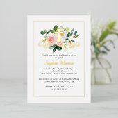Glanzend Gouden Kruis  Roze Bloemen Doop Folie Uitnodiging (Staand Voorkant)