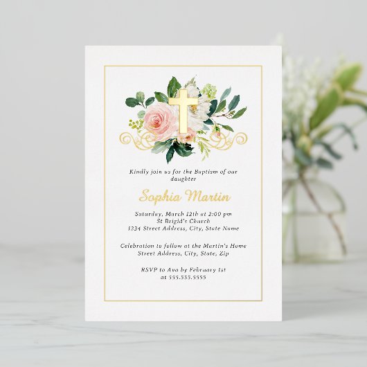 Glanzend Gouden Kruis Roze Bloemen Doop Folie Uitnodiging (Staand Voorkant)