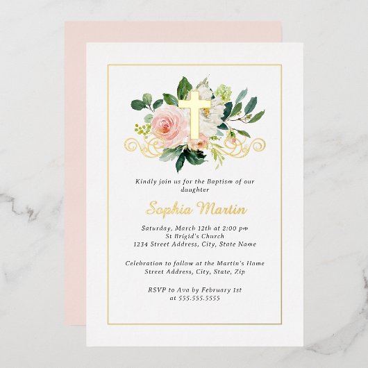 Glanzend Gouden Kruis  Roze Bloemen Doop Folie Uitnodiging (Voorkant / Achterkant)