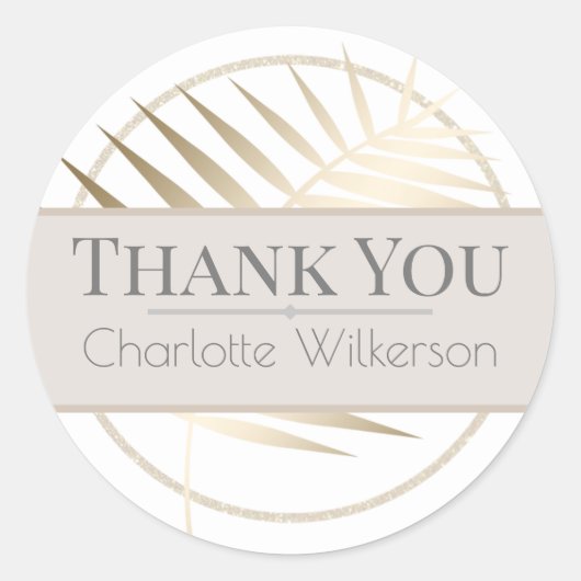 Glanzend gouden palmblad op wit met glitter ronde sticker (Voorkant)