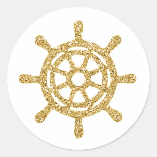 Glanzend Gouden Scheepsstuurwiel Ronde Sticker (Voorkant)