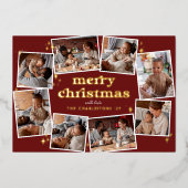 Glanzend Groovy Rood & Goud Vrolijk Kerstfeest 8 F Folie Feestdagenkaart (Voorkant)