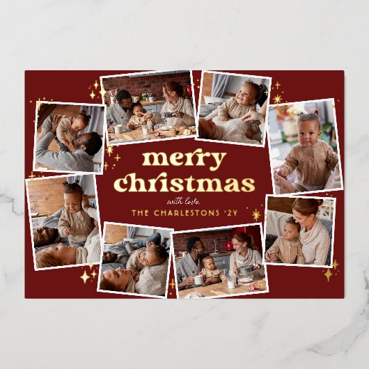 Glanzend Groovy Rood & Goud Vrolijk Kerstfeest 8 F Folie Feestdagenkaart (Voorkant)