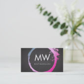 Glanzend heet roze blauw geborsteld monogram visitekaartje (Staand voorkant)