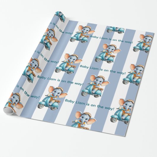 Glanzend Inpakpapier Blauw & Wit Streep Olifant (Uitgerold)