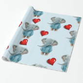 Glanzend Inpakpapier Blauwe Olifant Rode Harten  (Uitgerold)