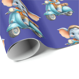Glanzend Inpakpapier Blauwe Olifant Scooter