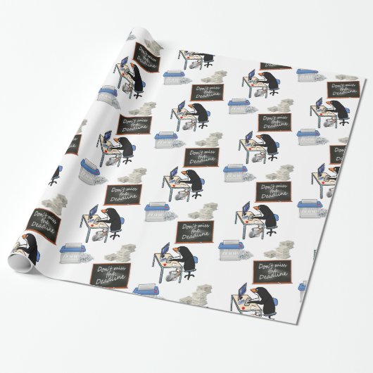 Glanzend Inpakpapier, Deadline Penguin Office Cadeaupapier (Uitgerold)