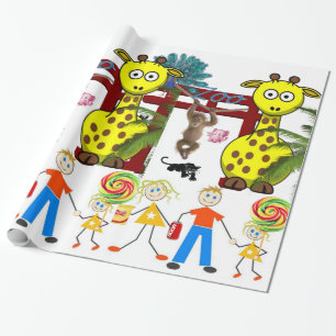 Glanzend Inpakpapier, Dierenpark Giraffe Aap Cadeaupapier
