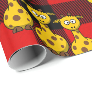 Glanzend Inpakpapier Giraffe Rood Zwart Geruit