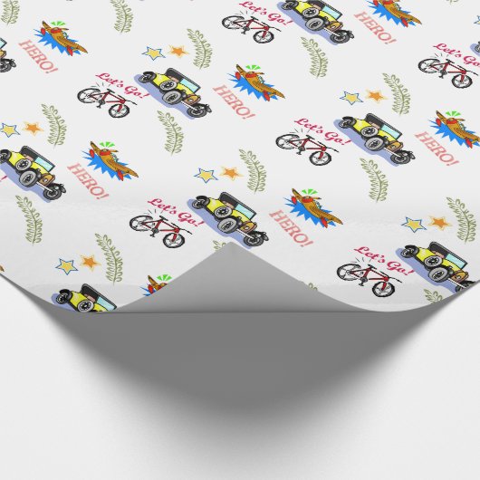 Glanzend inpakpapier held fiets auto vliegtuig (Hoek)