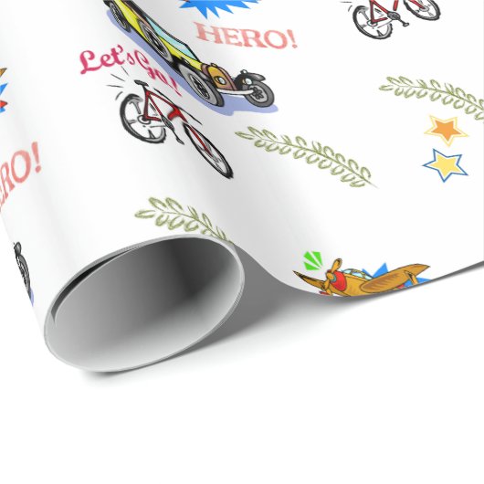 Glanzend inpakpapier held fiets auto vliegtuig (Rol Hoek)