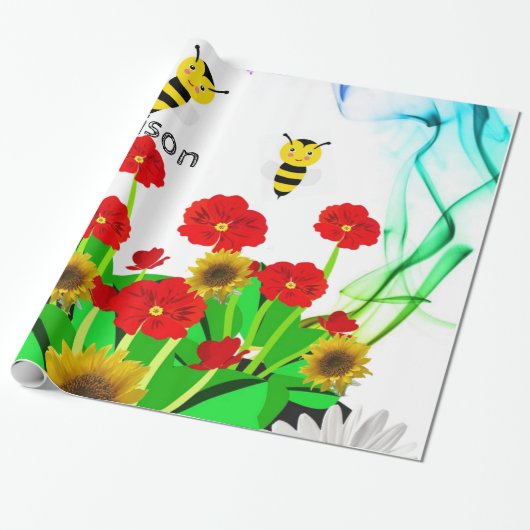 Glanzend Inpakpapier, Hommels Bloemen Cadeaupapier (Uitgerold)