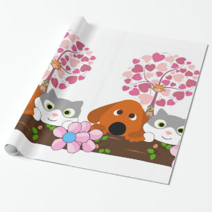 Glanzend Inpakpapier, Kat Hond Bloemen Cadeaupapier