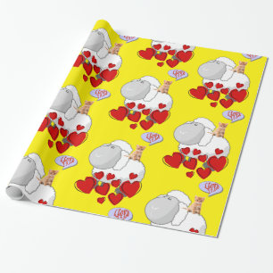 Glanzend Inpakpapier, Lammetje Kitten Hartjes Geel Cadeaupapier