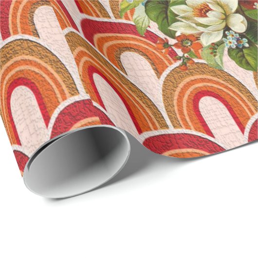 Glanzend Inpakpapier Oranje Bloemen (Rol Hoek)