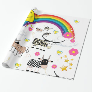 Glanzend Inpakpapier, Regenboog Zon Bloem Koeien Cadeaupapier