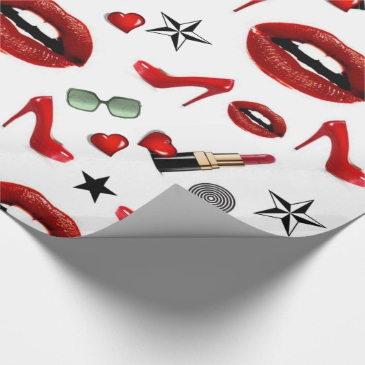 Glanzend inpakpapier, rode lippenstift lippen hakk cadeaupapier (Hoek)