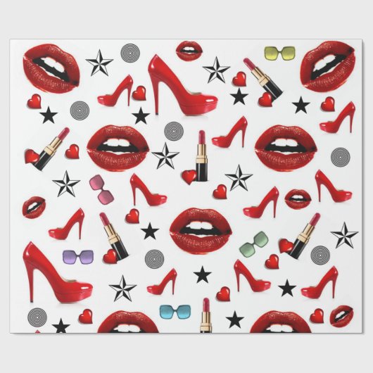 Glanzend inpakpapier, rode lippenstift lippen hakk cadeaupapier (Vlak)
