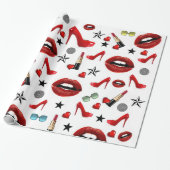 Glanzend inpakpapier, rode lippenstift lippen hakk cadeaupapier (Uitgerold)
