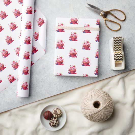 Glanzend Inpakpapier Roze Aardbeien Cupcake (Crafts)