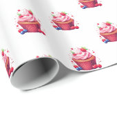 Glanzend Inpakpapier Roze Aardbeien Cupcake (Rol Hoek)