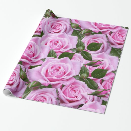 Glanzend inpakpapier, roze rozen cadeaupapier (Uitgerold)