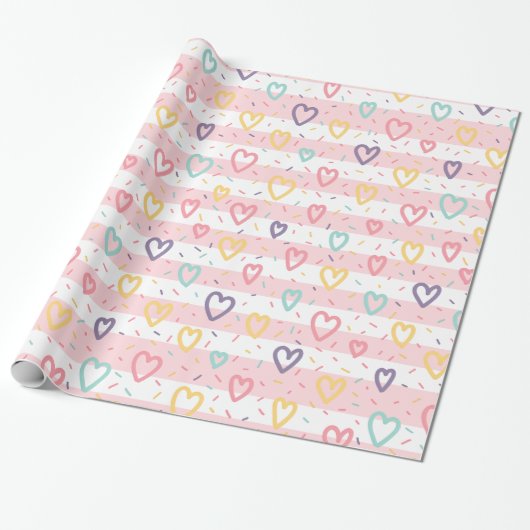 Glanzend Inpakpapier Roze & Witte Streep Harten (Uitgerold)