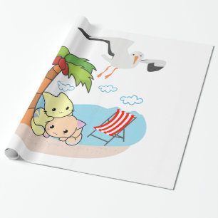 Glanzend Inpakpapier, Strandkatten Vogels Cadeaupapier