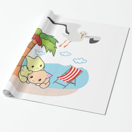 Glanzend Inpakpapier, Strandkatten Vogels Cadeaupapier (Uitgerold)