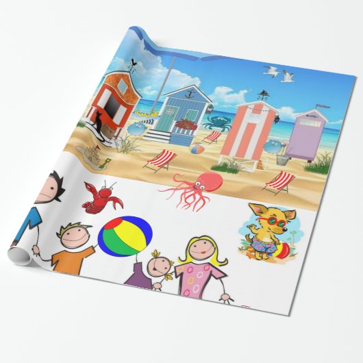 Glanzend Inpakpapier, Strandpret Octopus Cadeaupapier (Uitgerold)