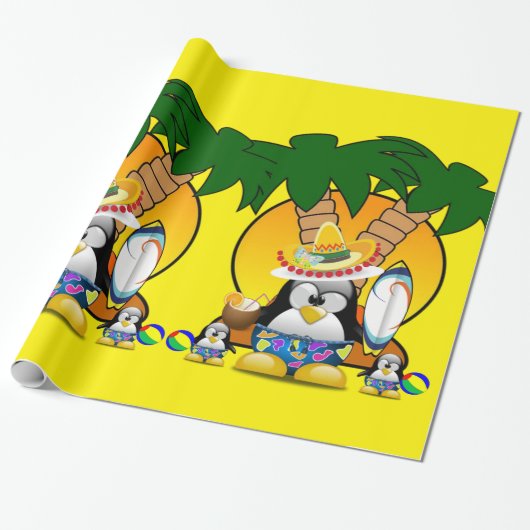 Glanzend Inpakpapier, Surfer Pinguïn Strand Cadeaupapier (Uitgerold)