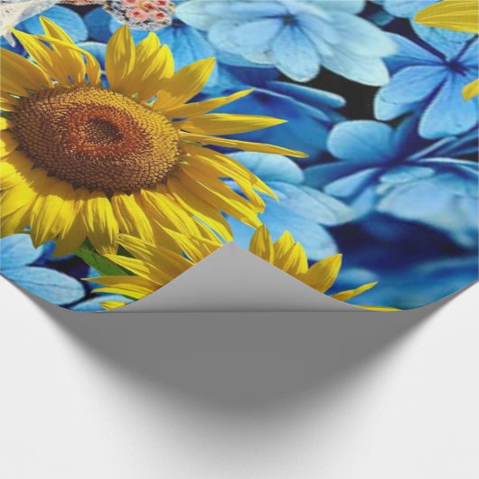 Glanzend inpakpapier, Zonnebloem Blauw Bloemen Cadeaupapier (Hoek)