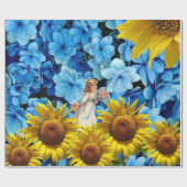 Glanzend inpakpapier, Zonnebloem Blauw Bloemen Cadeaupapier (Vlak)