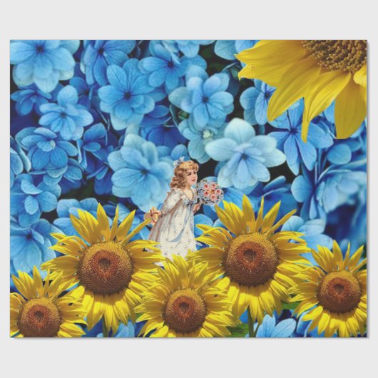 Glanzend inpakpapier, Zonnebloem Blauw Bloemen Cadeaupapier (Vlak)