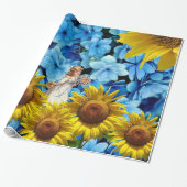 Glanzend inpakpapier, Zonnebloem Blauw Bloemen Cadeaupapier (Uitgerold)