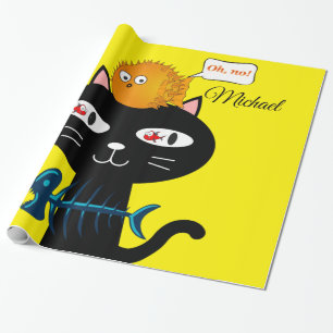 Glanzend Inpakpapier, Zwarte Kat Visbotten Geel Cadeaupapier
