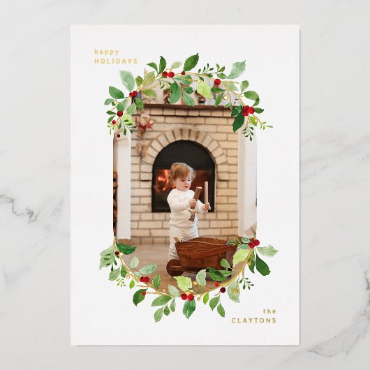 Glanzend Kerstmis 1 Fotoboog & Elegante Botanicals Folie Feestdagenkaart (Voorkant)