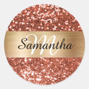 Glanzend Koper Glitter Goud Glans Monogram Ronde Sticker